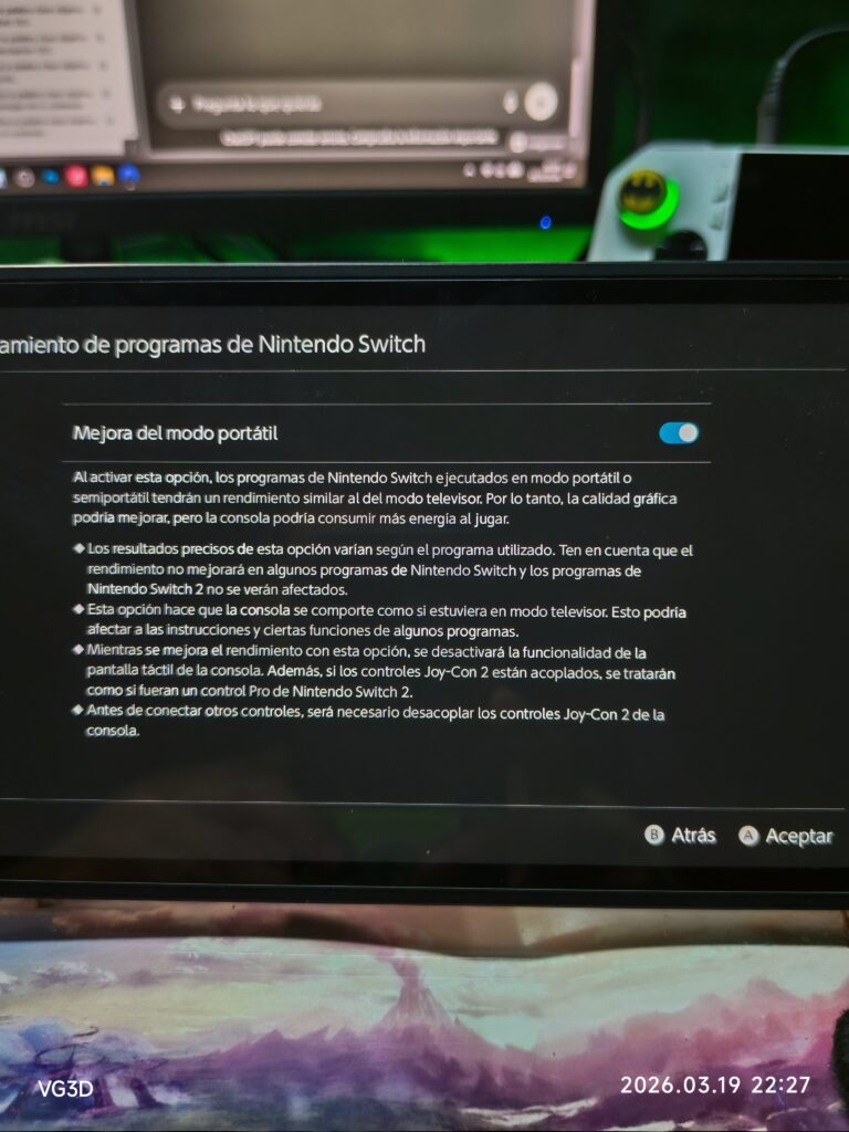 El modo portátil mejorado de Nintendo Switch 2 reduce la batería
