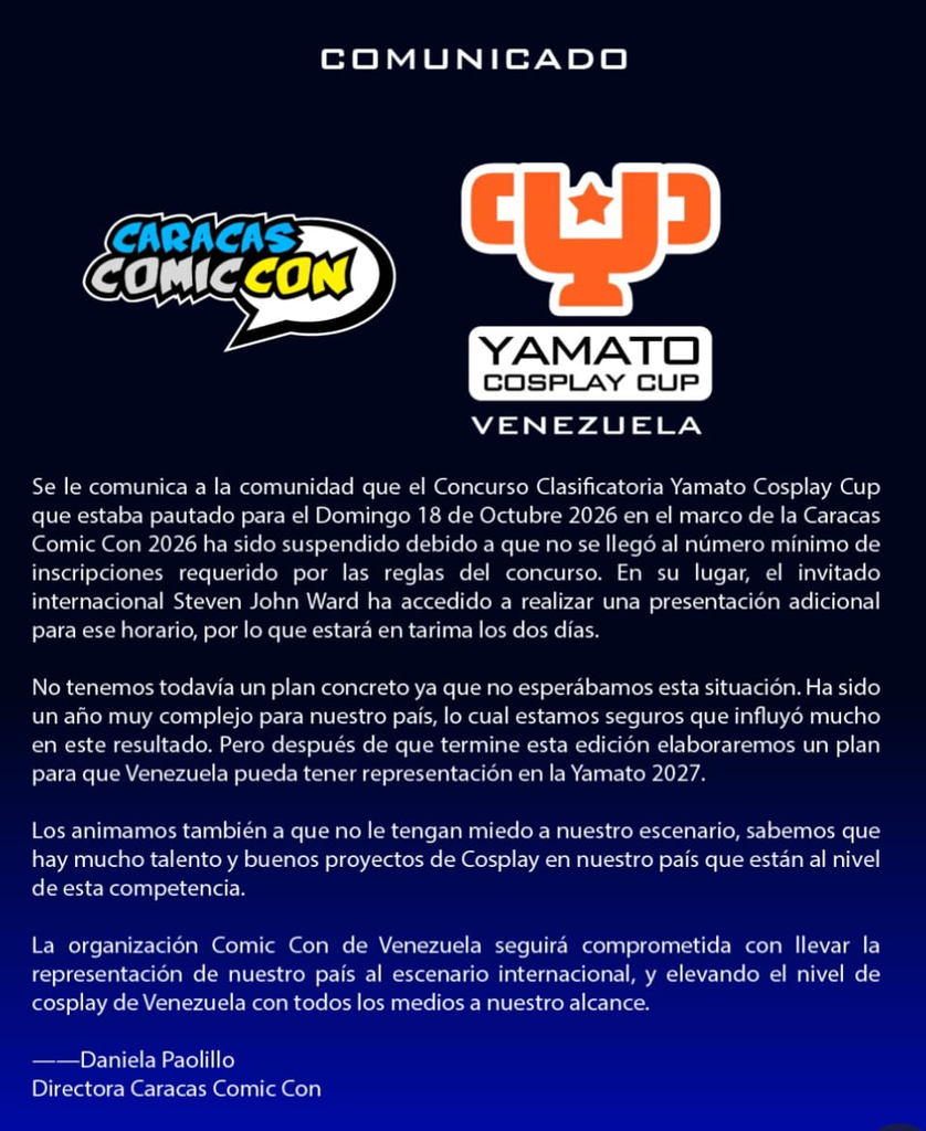 Caracas Comic Con 2026 suspende la clasificatoria de la Yamato Cosplay Cup y suma presentación de Steven John Ward